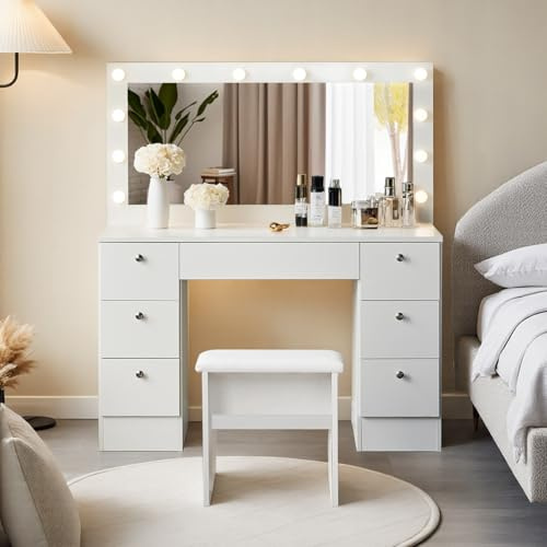 LEMROE Toletta da Trucco con Luci LED e Specchio Grande, Luminosità Regolabile, Postazione Trucco con Luci, Toeletta da Trucco con sgabell, 7 Cassetti