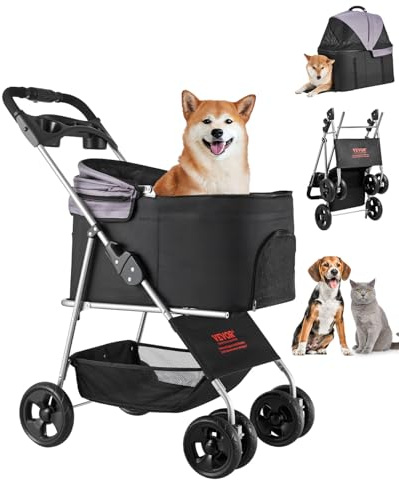 VEVOR Passeggino Pieghevole per Animali Domestici, Passeggino per Cani a 4 Ruote con Freni, Capacità 16 kg, Trasportino Staccabile con Finestre in Rete Traspirante per Piccoli Cani Gatti