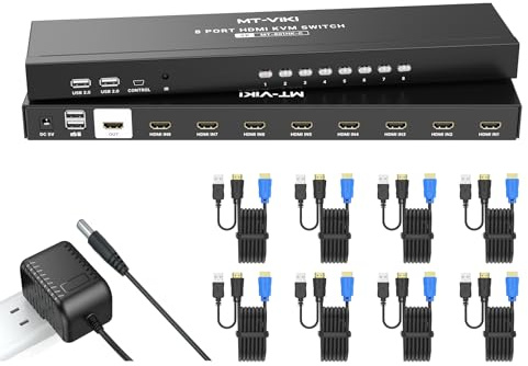 KVM-Switch, HDMI 8 Port, MT-VIKI 4K @ 30Hz USB-HDMI-KVM-Switch, 8-in-1-Ausgang, mit KVM-Kabel, 4 USB-2.0-Hubs, Desktop-Selektor, IR-Fernbedienung und Rack-Ohren