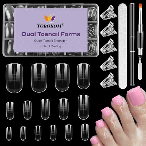 TOROKOM 150 Formes à Ongles en Poly Gel pour Pieds - 15 Tailles Formes Doubles Ovales/Carrées pour Prothèses Ongulaires en Polygel - Kit Réutilisable avec Pinceau et Lime