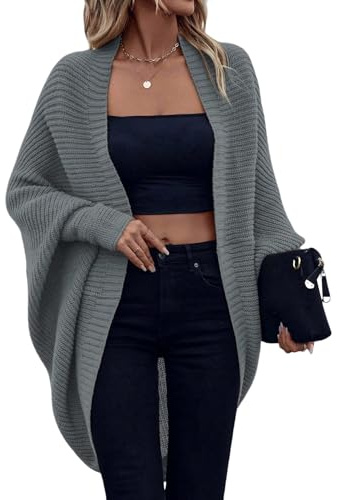GORGLITTER Cárdigan de punto para mujer, elegante, largo, abierto, con mangas de murciélago, monocolor, abrigo de punto, ligero, suelto, para otoño, gris oscuro, XS