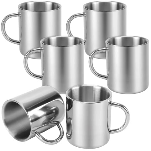 TAICHEUT Lot de 6 tasses à café en acier inoxydable à double paroi isothermes pour le camping Argenté 300 ml