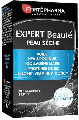 Forté Phama - Expert Beauté Peau Sèche - Complement alimentaire peau sensible, terne - Acide hyaluronique, Collagene marin, Vitamine B3 (Niacine), Vitamine E, Zinc - 60 comprimés, 2/jour