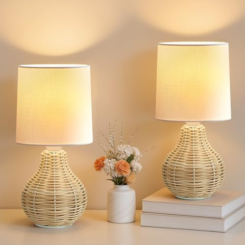 EJIAXIN Rattan Table Lamp Boho Lamps Set of 2-12.5 Mini Farmhouse Wicker Light Rustic End Table Decorative Small Lamps for Small Spaces Bedroom Nightstand Living Room Reading Desk Side Table Lamp