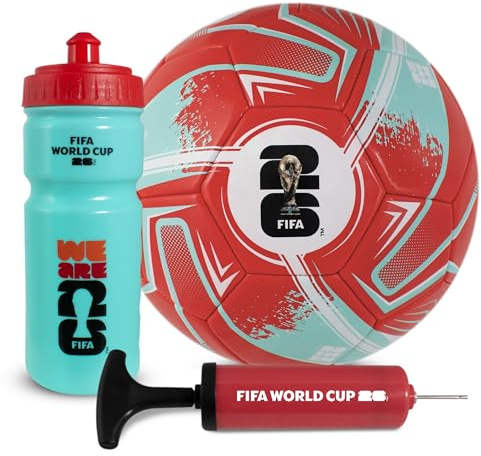 Hy-Pro Officially Licensed FIFA World Cup 2026 Football Gift Set - Size 5 Ball with Football Pump & 500ml Bottle - Gifts for Boys and Girls, Red & Cyan FIFA World Cup 2026 Design