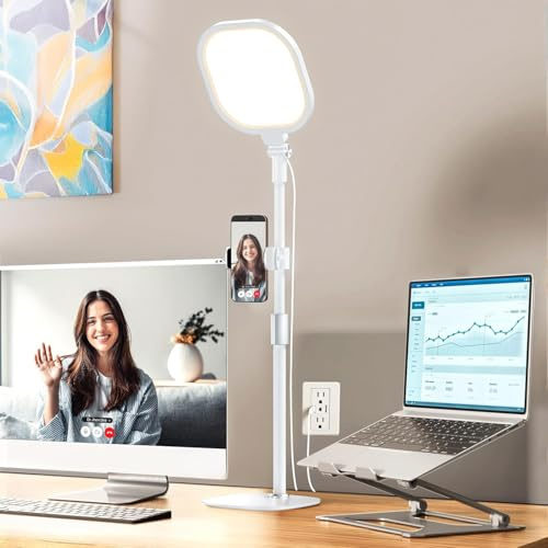 Ringlicht mit Stativ, Ring Licht für Laptop mit Handy Stativ Dimmbares LED Tisch Ring Light Perfekt für Webcam, Videokonferenzn, Streaming, TikTok (weiß- 1Packung)