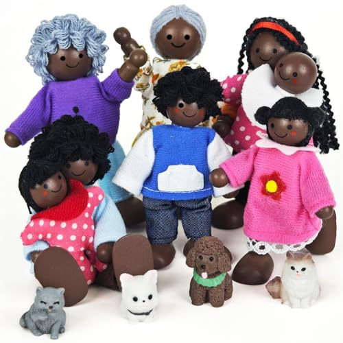 BBUEE Muñecas de casa de muñecas, 12 piezas de casa de muñecas, juego de familia, muñecas de flexión de madera, con familia de muñecas de gato y perro, para casa de muñecas, accesorios para casa de