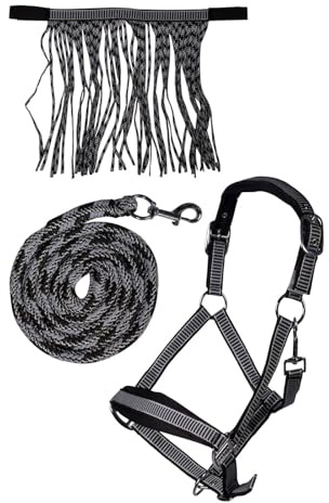 HKM Halfter-Set -Lilly- mit Karabiner & Fliegenfransen - incl. Führstrick (Schwarz, Cob)