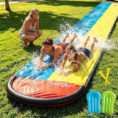 LYPPUL Scivolo d'Acqua,15.8 ft/480 cm Doppio Scivolo ad Acqua con 2 Bodyboard,Scivol per Prato Resistente con irrigatore Integrato per Scivolare,Feste estive,Giardino,Prato e Giochi d'Acqu all'aperto