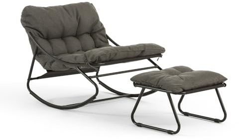 SIEDITI FUORI E DENTRO Poltrona a dondolo con poggiapiedi e cuscini imbottiti, sedia a dondolo da lettura e relax per veranda, terrazza - Adelaide (Grigio scuro)