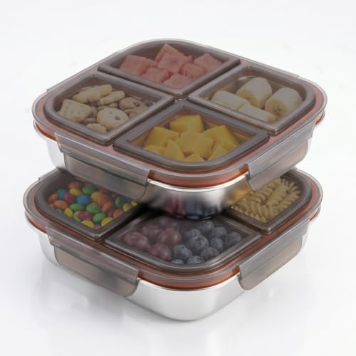 2uds Snack Box con 4 Compartimentos, Fiambrera Acero Inoxidable con Tapa | Recipientes Herméticos para Alimentos, Tapers para Comida Hermetico, Fiambrera para Adultos & Infantil