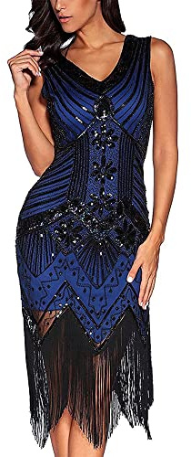 Flapper vestidos de mujer de los años 20 con cuello en V con cuentas de flecos Great Gatsby Dress (Azul real, L)