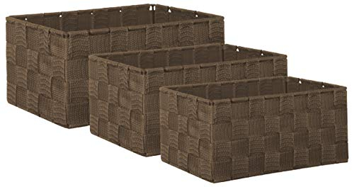 Brandsseller set di 3 Scatole Portaoggetti – 22x15x11 cm, 21x13x9,5 cm, 19x11x8,5 cm – Cestini rettangolari senza coperchio – intrecciati in effetto rattan con struttura in metallo – Marrone
