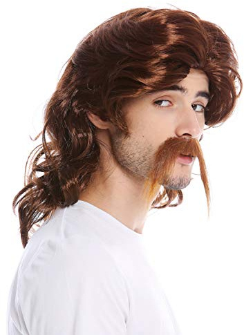 WIG ME UP - 91098-ZA33 Perücke Bart Herren Schnauzbart lang Gallier Germane Barde Proll Prolet 70er Jahre Vokuhila Rotbraun Braun