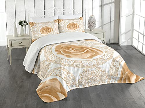ABAKUHAUS Blumen Tagesdecke Set, Rose Röschen, Set mit Kissenbezügen Waschbar, für Doppelbetten 264 x 220 cm, Beige Braun
