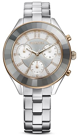 Swarovski Octea Lux Uhr Chrono, Edelstahl Damenuhr mit Vergoldetem Gehäuse und Zifferblatt, Kristallen und Braunem Lederarmband