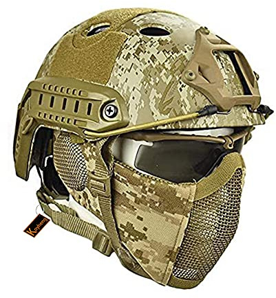 Casco Fast Tattico MH Combinato, con Protezione per le Orecchie Pieghevole Maschera a Rete Mezza Faccia e Occhiali per il Set di Giochi Airsoft Paintball CS
