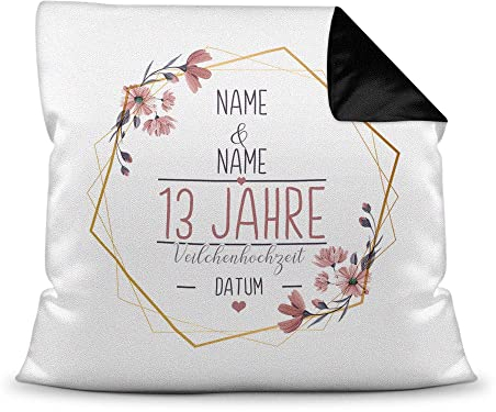 Tassendruck Kissen Hochzeitstag Veilchen Hochzeit - mit Name & Datum selbst gestalten - 13 Jahre Ehe, Geschenk Hochzeit, Jubiläum, Jahrestag - Farbkissen Rückseite Schwarz, 40x40 cm I Personalisiert