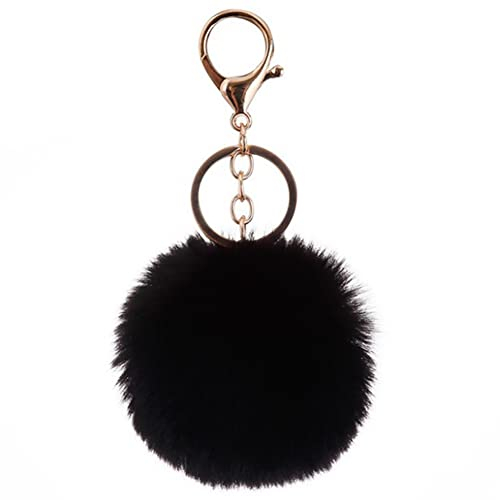 Demiawaking Pom Pom Schlüsselanhänger 8 cm, Schlüsselbund mit Bommel aus Kunstfell, Anhänger mit Pelz, für Auto, Tasche, Rucksack, Handy, Schwarz