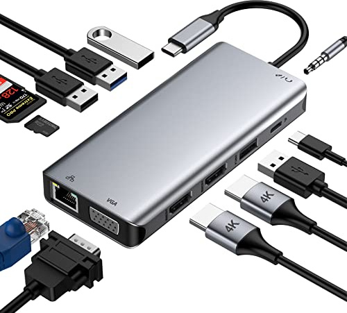 GIISSMO Estación de Acoplamiento USB C 12 en 1 Con HDMI 4K Dual, VGA, Ethernet RJ45, USB 3.0 y 2.0, 100W PD y Lector de Tarjetas TF/SD