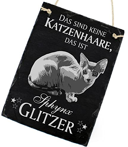 Schiefertafel Katze Deko Schild - Sphynx - Das sind Keine Katzenhaare, das ist Sphynx Glitzer 16 x 22 cm Katzen Dekoration Zubehör Katzendeko