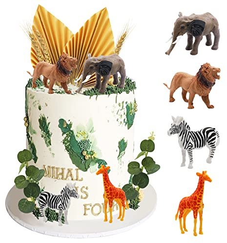 Morofme Tiere Cake Topper 20 Stück, Tortendeko Tiere Set mit Löwe, Giraffe, Elefant, Zebra, Künstliche Pflanze Kuchen Deko für Safari Dschungel Wild Zoo Party Geburtstag Cake Decoration