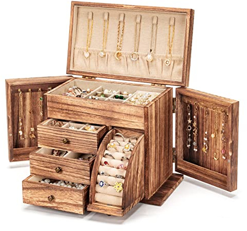 Poyilooo Jewelry Box Organizer, Solid Wood Jewelry Boxes for Women for Storage & Display Necklace Ring Earring Bracelet, Rustic Style Jewelry Organizer Box for Women Gifts (Carbonized Brown)