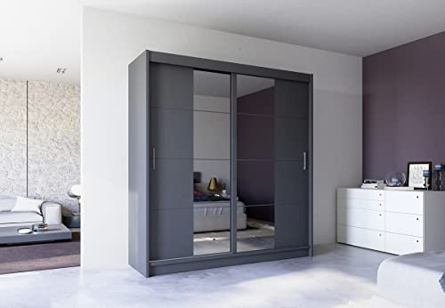 Kleiderschrank Porto II mit Spiegel 203 cm, Schwebetürenschrank, Garderobeschrank Schlafzimmer; Wohnzimmerschrank; Korpus Schrank Farbe: Graphit; Farbe der Schrankfront: Graphit; Mehrzweckschrank