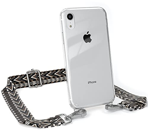 EAZY CASE Handykette - Verstellbares Taschenband kompatibel mit iPhone XR, Schulterriemen, Handykordel mit Silikon Hülle, Umhängetasche, Grau Schwarz Silber