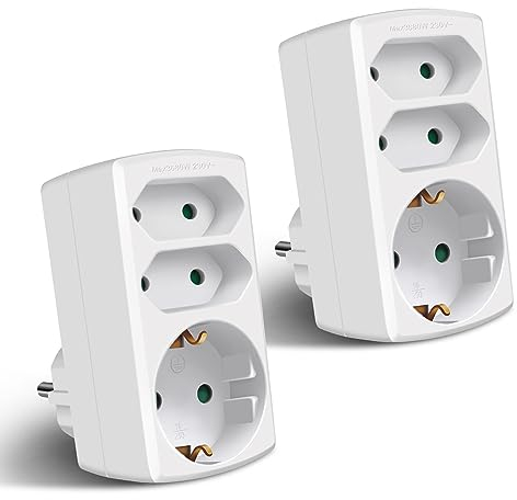 EXTRASTAR 3-Fach Steckdosenadapter, 2 Euro+1 Schuko, EU Stecker Adapter mit Kindersicherung, Steckdosenleiste für Büro, Heim, Weiß (2 Stück)