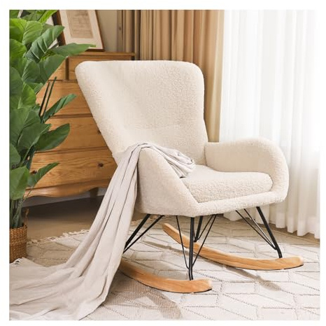 INMOZATA Relax Rocking Chair Teddy Glider Chair (Creamy) | Comfortable Rocker Relaxing Recliner Chair Traditional Arm Rest Lounge Chair with High Backrestor 73 x 103 x 98 cm