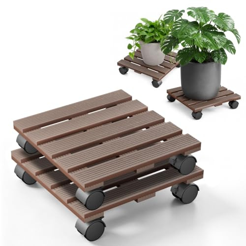 Froadp WPC Pflanzenroller 2er-Pack Blumenroller Rollbrett mit 360° Drehbare Räder Transportpaletten für Pflanzen Blumentopf Transporthilfe für Pflanzen Tragkraft 100KG (Hellbraun, Quadratisch)