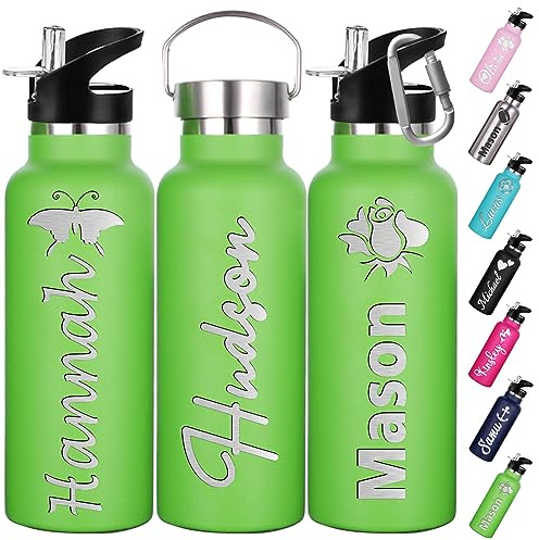 Personalisierte Trinkflasche Kinder mit Namen Gravur 350ml 750ml Personalisiert Flasche mit Strohhalm Deckel Edelstahl Thermosflasche Geschenk für Die Schule Sport Büro Im Freien