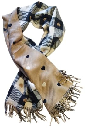 Seaside No.64 - Sciarpa reversibile XXL a forma di cuore – morbido foulard con cuori e frange – in marrone e beige combinato con motivo a quadri e a righe per autunno, inverno, primavera, Nero , 180 x
