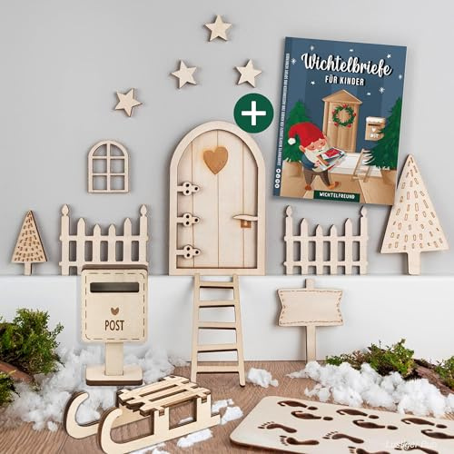 WICHTELFREUND Wichteltür Set mit Buch - Wichteltür Komplettset und Wichtelbriefe für Kinder, Wichtel Zubehör Weihnachten, Das Rundum Sorglos Paket (Größe S - Holzliebe + Buch)