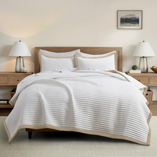Bonlino White Quilt Set Oversized King Size - Farmhouse Soft Striped Stitch Bedding Bedspread Coverlet Summer Lightweight Quilt Bed Sets with 2 Pillow Shams for Home All Season with Linen Border