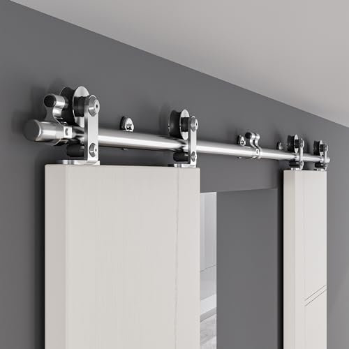 ETIASQSA 200CM/6.6FT Rail Sliding Barn Door Hardware Kit Stainless Steel Track Roller Accessory for Double Door(T)