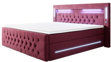 Boxspringbett Moonlight 180x200 Doppelbett Polsterbett Bett mit LED-Beleuchtung, USB-Anschluss und Stauraum | Bezug: Samt | Farbe: Rot | Härtegrad: H2 (bis 70kg)