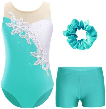 Yruioon Kinder Mädchen Gymnastikanzug Glitzer Turnanzug Ärmellos Ballettanzug Ballett Trikot mit Kurze Hose Haarband Wettbewerb Tanzkostüm