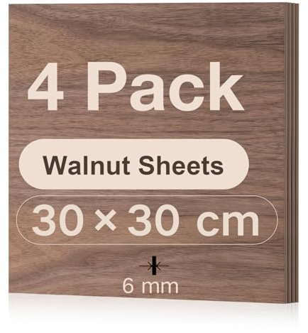 ROBOTIME Tablero Madera Contrachapada 6mm Nogal 30×30cm 4 Piezas Tablero de Madera a Medida Para Bricolaje,Pirograbado Corte por Laser CNC Router Modelado