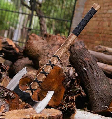 Al Hud Double Head Axe, Beech Handle with Leather Sheath, for Chopping, Splitting Wood or Axe Throwing