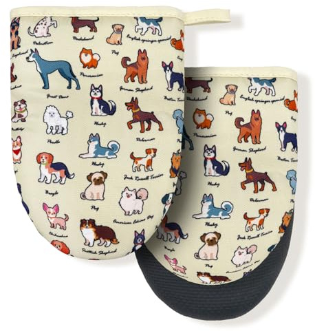 Dog Flowe Beige Boston Terrier Dachshund Mini Silicone Oven Mitts, Heat Slip Resistant Kitchen Gloves 2-Pack Set, Soft Short Small Oven Mittens Pot Holders for Baking Grilling Barbecue Microwave Gift