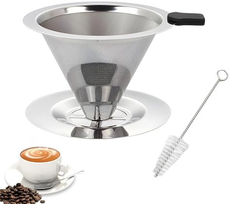 HXSYKJDM Stainless Steel Pour Over Coffee Filter, Reusable Drip Coffee Filter with Holder and Cleaning Brush