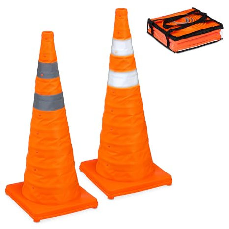 Relaxdays Set 2 Coni Stradali Segnaletici, Birilli Pieghevoli con Strisce Riflettenti HLP: 70 x 29 x 29 cm, Arancione, Poliestere