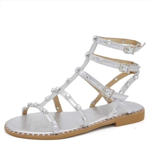 IF Fashion Scarpe Sandali Gladiatore Stivali Estivi da Donna Con Borchie Pelle Sintetica YE-701 M101 argento N.40