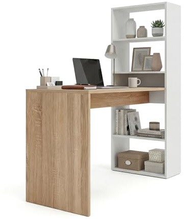 duehome | Escritorio Juvenil con Estanteria Reversible, Mesa de Ordenador, Modelo Cosmic, Acabado en Blanco Artik y Roble Canadian, Medidas: 120 cm (Largo) x 53 cm (Ancho) x 144 cm (Alto)