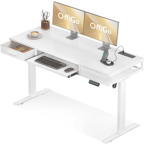 OffiGo Height Adjustable Desk with Double Drawers, 120 cm Standing Desk with Keyboard Tray, Electric Computer Table with Power Socket, Sit Stand Desk for Home Office, White