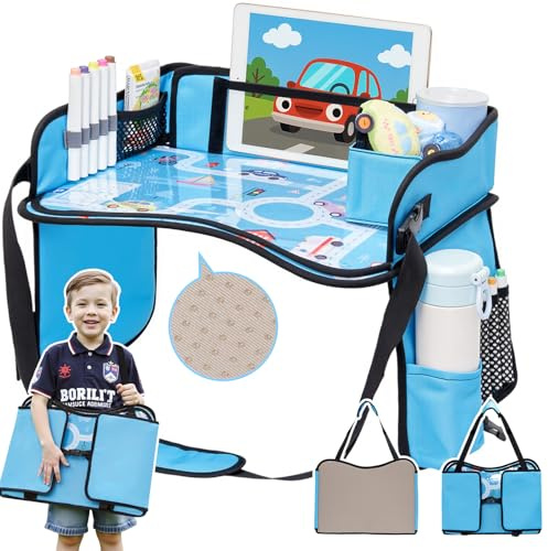 OUOZZZ Kids Travel Tray for Car - Boy's Safety Seat Table, Toddler Road Trip Essentials - Carseat/Airplane Lap Desk with Weight-Relief Strap, Non-Skid Silicone Base, Waterproof Dining/Craft Mat