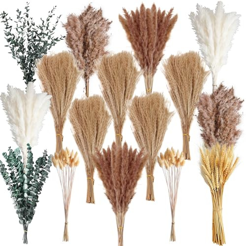 355PCS Dried Pampas Grass Bouquet Set – Brown Pampas Grass & White Pampas Grass for Boho Baby Shower Decorations, Boho Wedding Decor, Pampas Grass Wall Decor, Home Decorations Modern