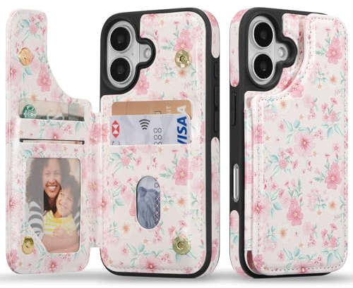 ZCDAYE Wallet Phone Case for iPhone 16 with Card Holder, Aesthetic Cute Floral Printed Protective Phone Cover Women Flip Card Cases Case for iPhone 16 (6.1 inches, Pink Flower